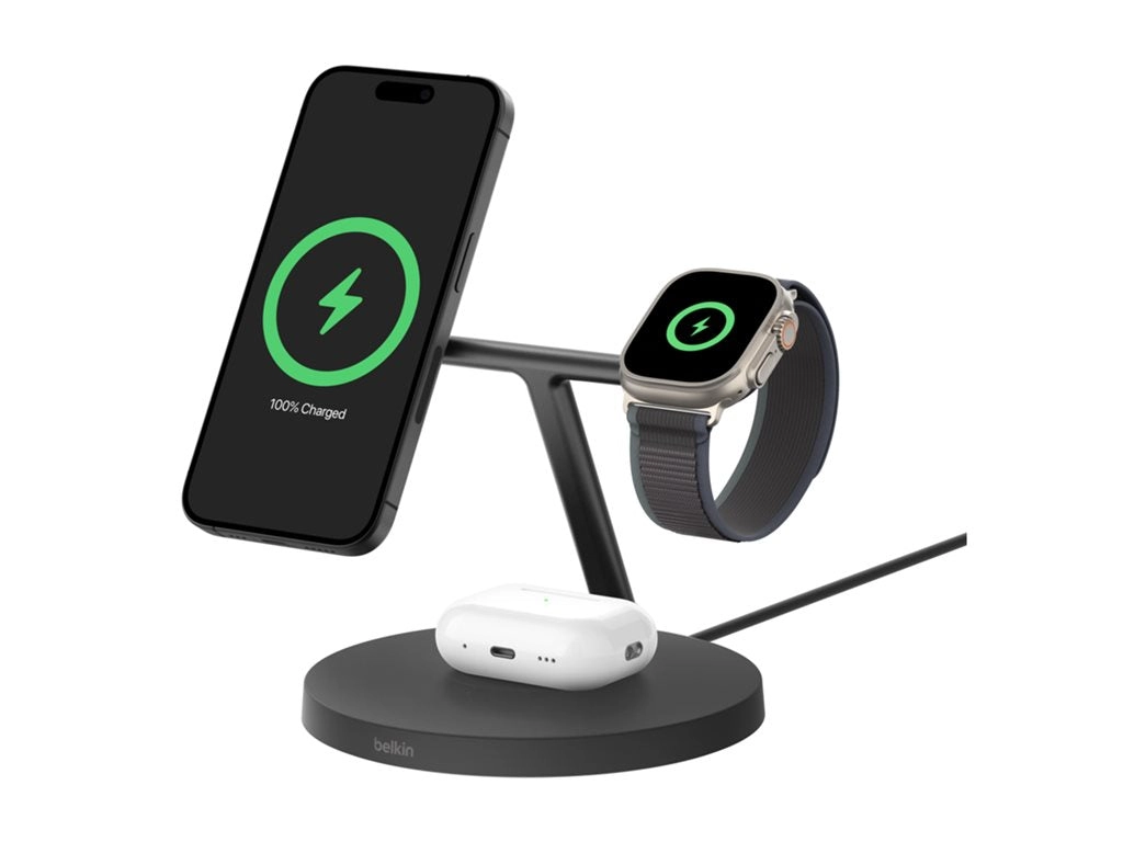 Belkin BoostCharge 3-in-1 - Wireless charging stand - with Qi2   AC power adapter - 15 Watt - Fast Charge WIZ032TTBK