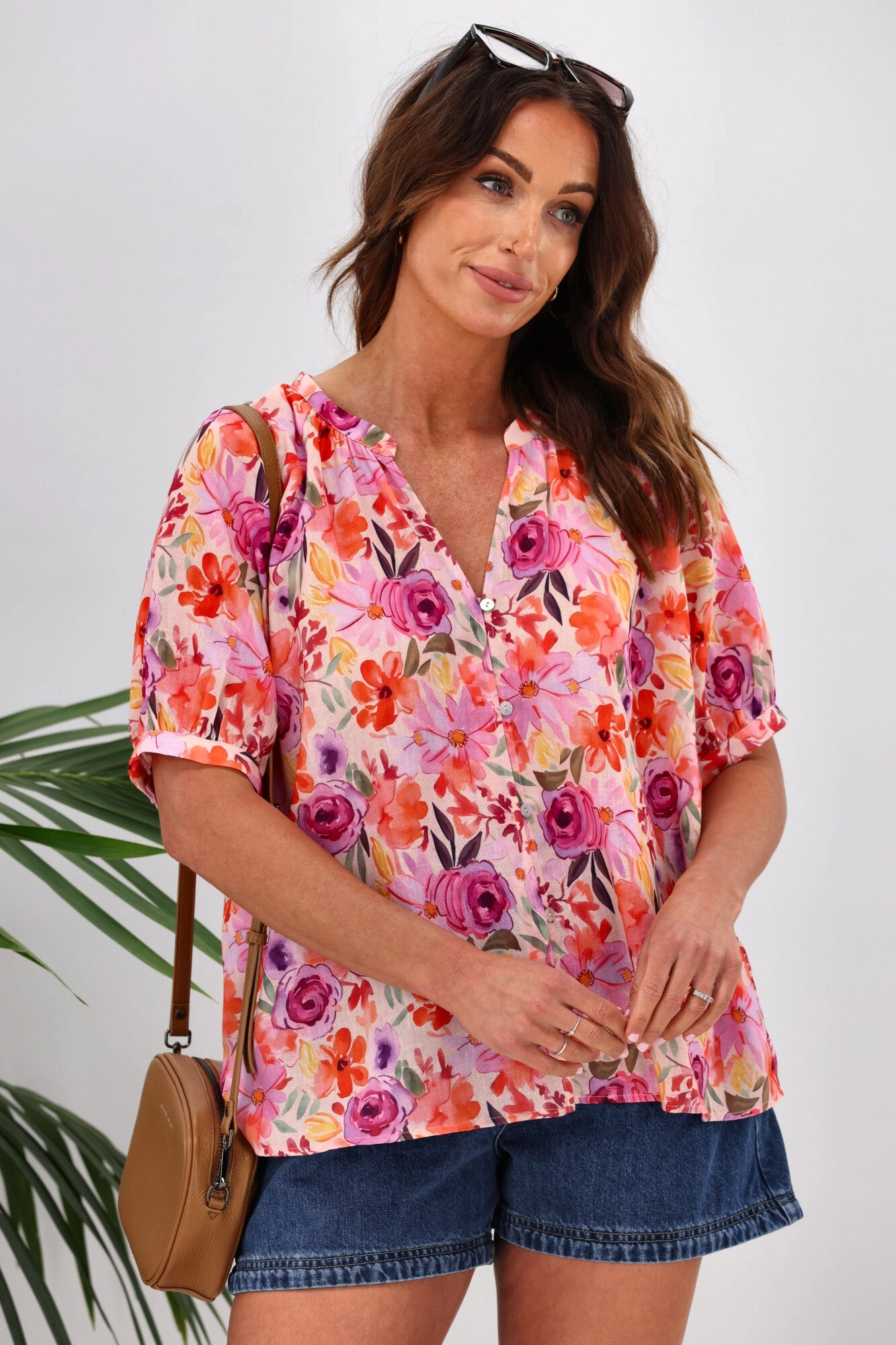Gloss by Shine On Ananya Button Front Blouse Super Bright Floral