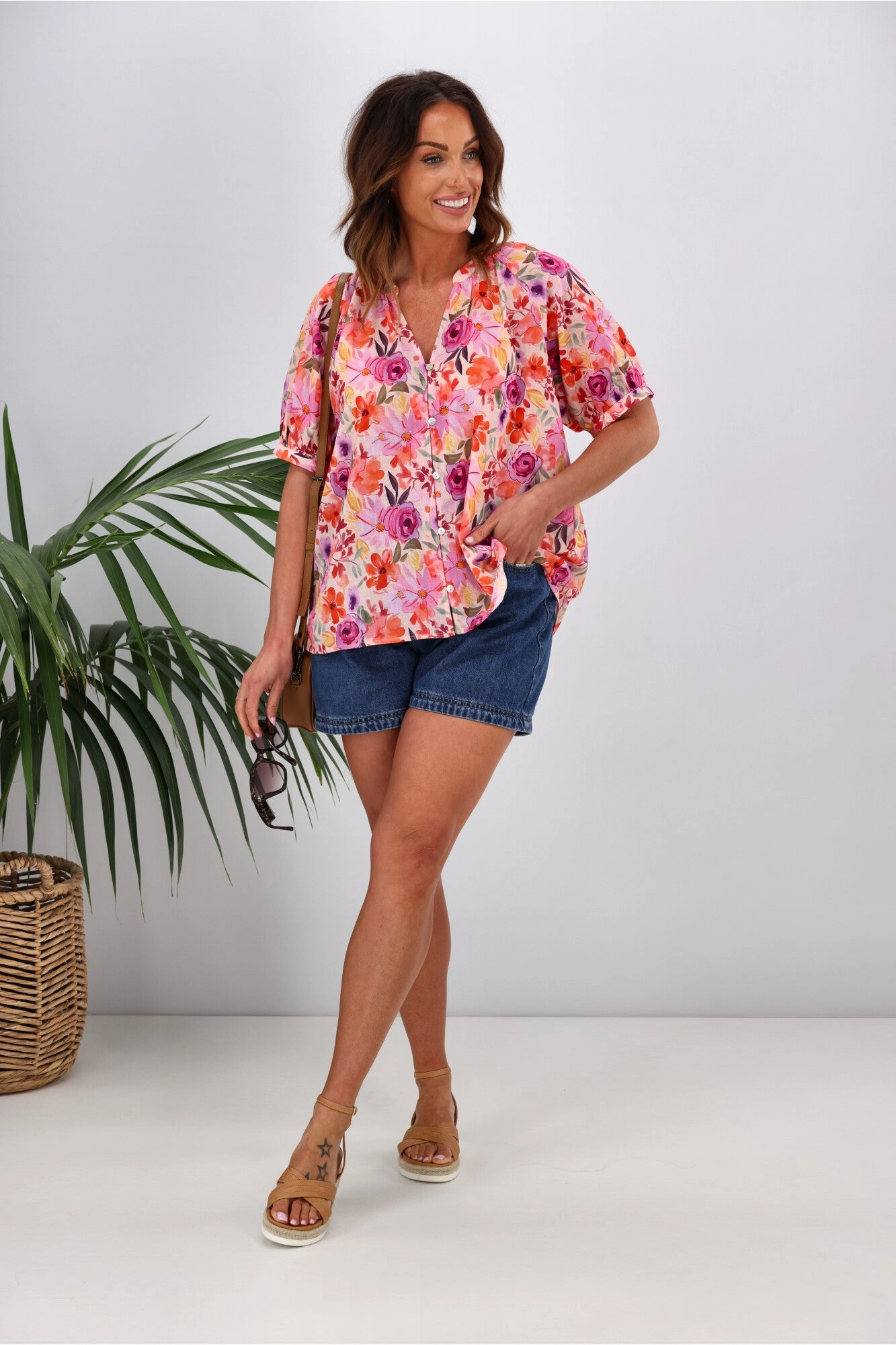 Gloss by Shine On Ananya Button Front Blouse Super Bright Floral