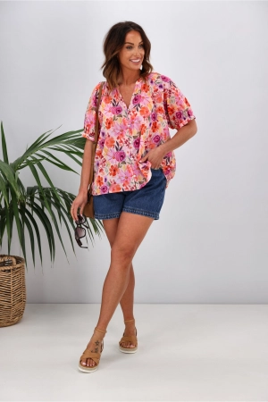 Gloss by Shine On Ananya Button Front Blouse Super Bright Floral