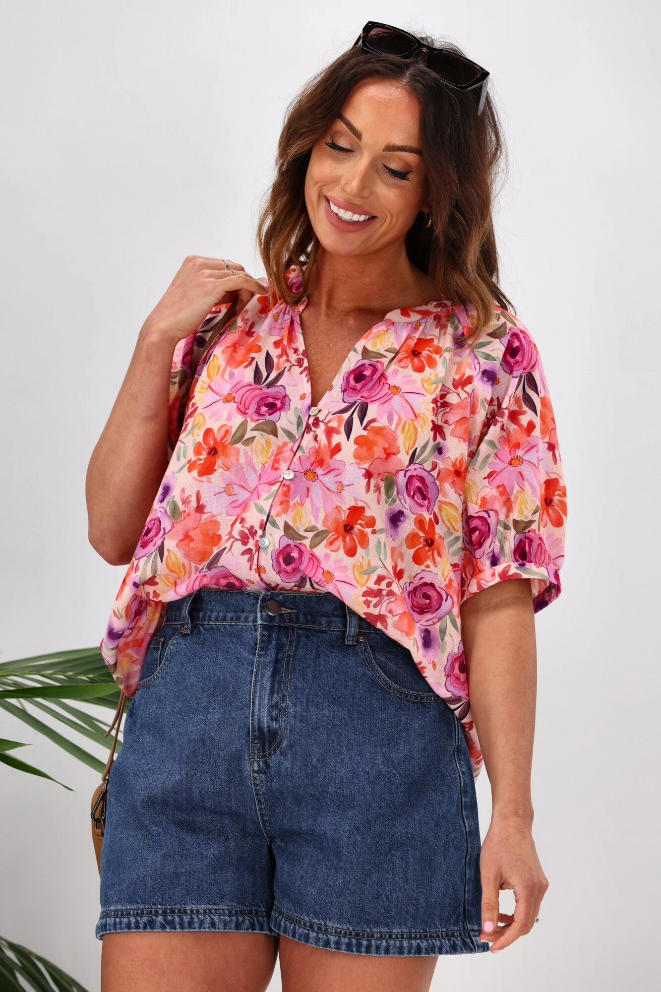 Gloss by Shine On Ananya Button Front Blouse Super Bright Floral