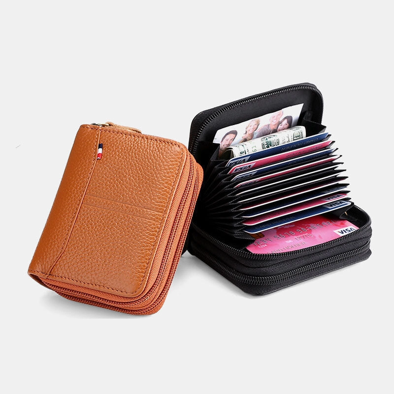 Men Genuine Leather Large Capacity RFID Lychee Pattern Organ Shape Multi-slot Card Holder Wallet