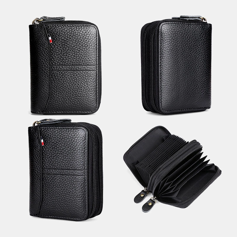 Men Genuine Leather Large Capacity RFID Lychee Pattern Organ Shape Multi-slot Card Holder Wallet