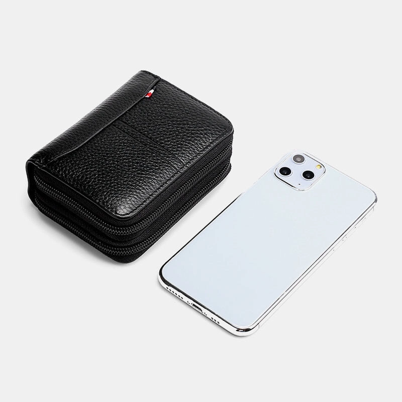 Men Genuine Leather Large Capacity RFID Lychee Pattern Organ Shape Multi-slot Card Holder Wallet