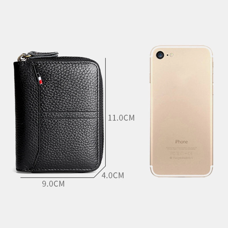 Men Genuine Leather Large Capacity RFID Lychee Pattern Organ Shape Multi-slot Card Holder Wallet