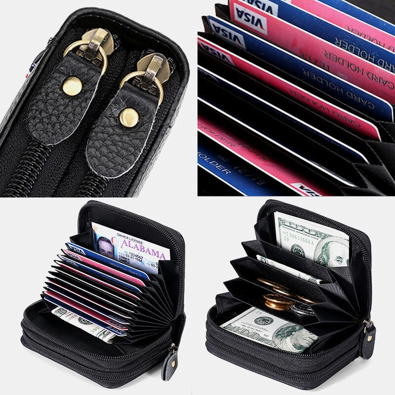 Men Genuine Leather Large Capacity RFID Lychee Pattern Organ Shape Multi-slot Card Holder Wallet